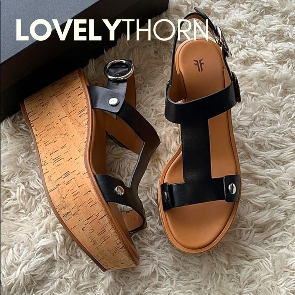 FRYE // dahlia black leather upper rivet detail platform cork wedge sandals